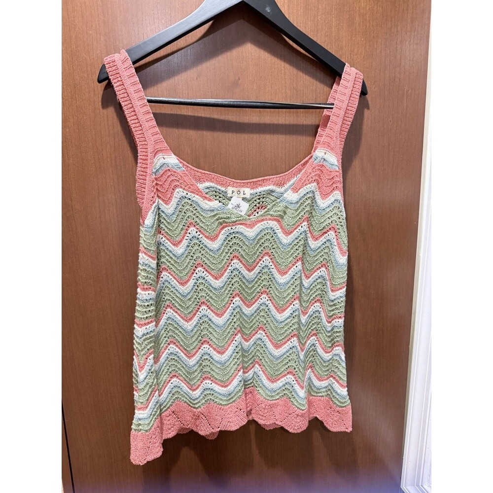 POL Women’s Large Crochet Chevron Knit Tank Top Boho Coastal Festival Pink Green